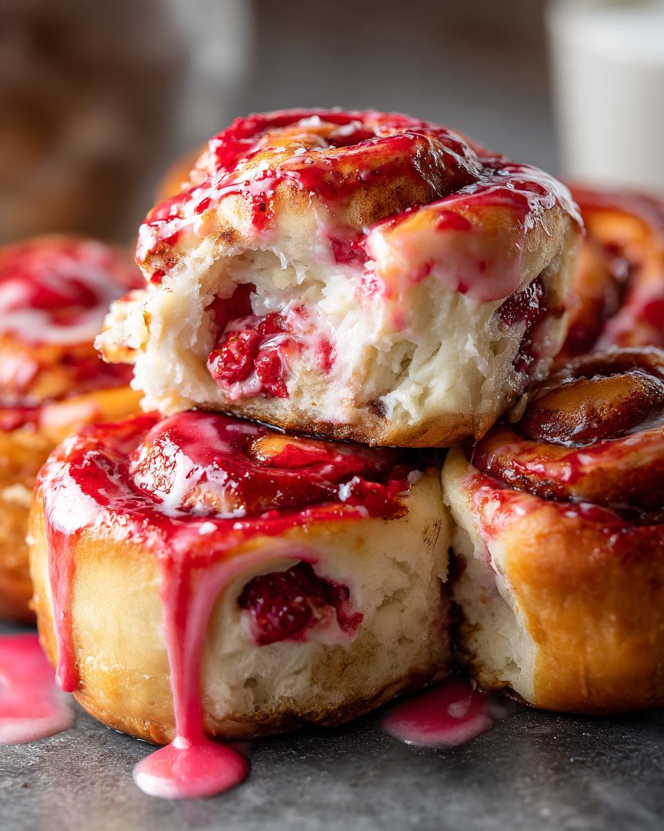 Close-up of soft Strawberry Cheesecake Sweet Rolls stacked, dripping with bright pink strawberry glaze and showing creamy filling.
