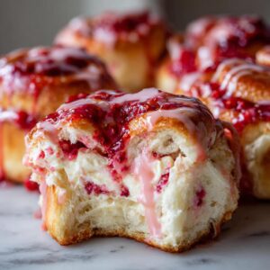 A close-up of a Strawberry Cheesecake Sweet Roll with a bite taken out, showing creamy filling and raspberry topping.