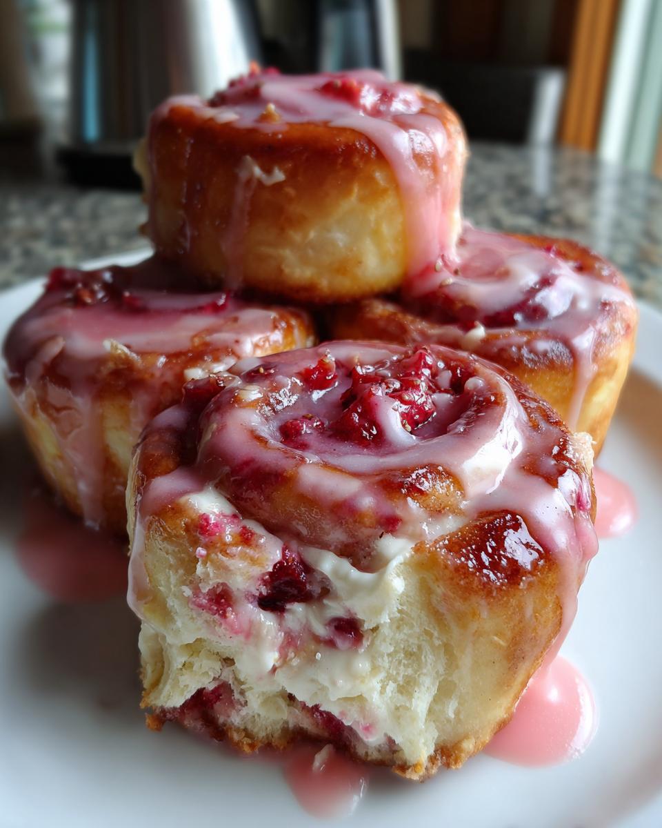 A stack of four gooey Strawberry Cheesecake Sweet Rolls drizzled with pink glaze, one roll is bitten into.