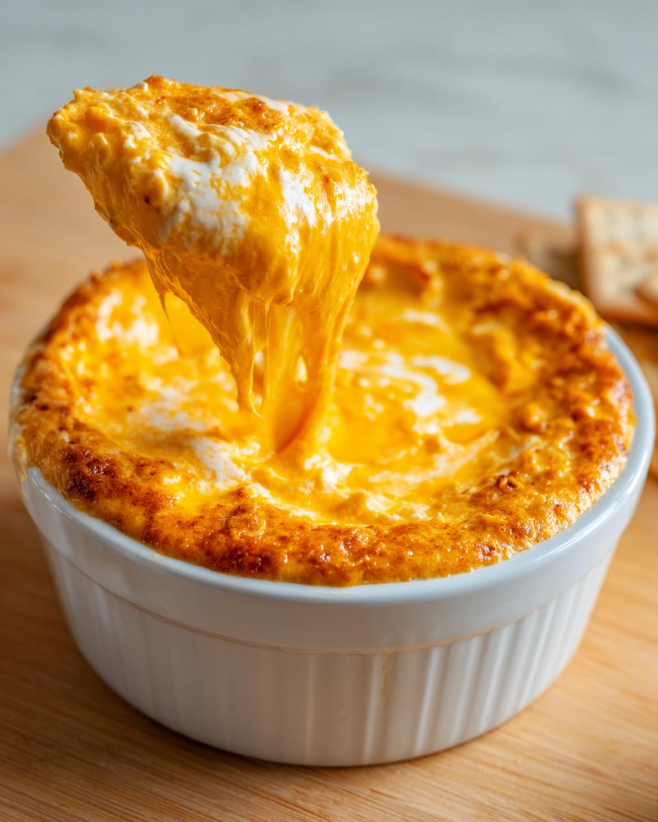 A spoonful of hot, gooey beer cheese dip is lifted from a white ramekin, showing long, delicious cheese pulls.