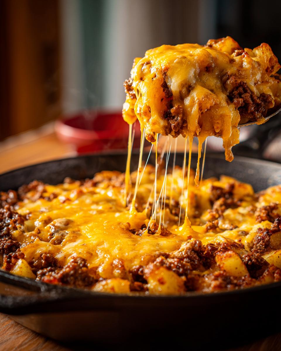 A spoonful of hot Cheesy Taco Potatoes showing long, melted cheese strings stretching back into the skillet.