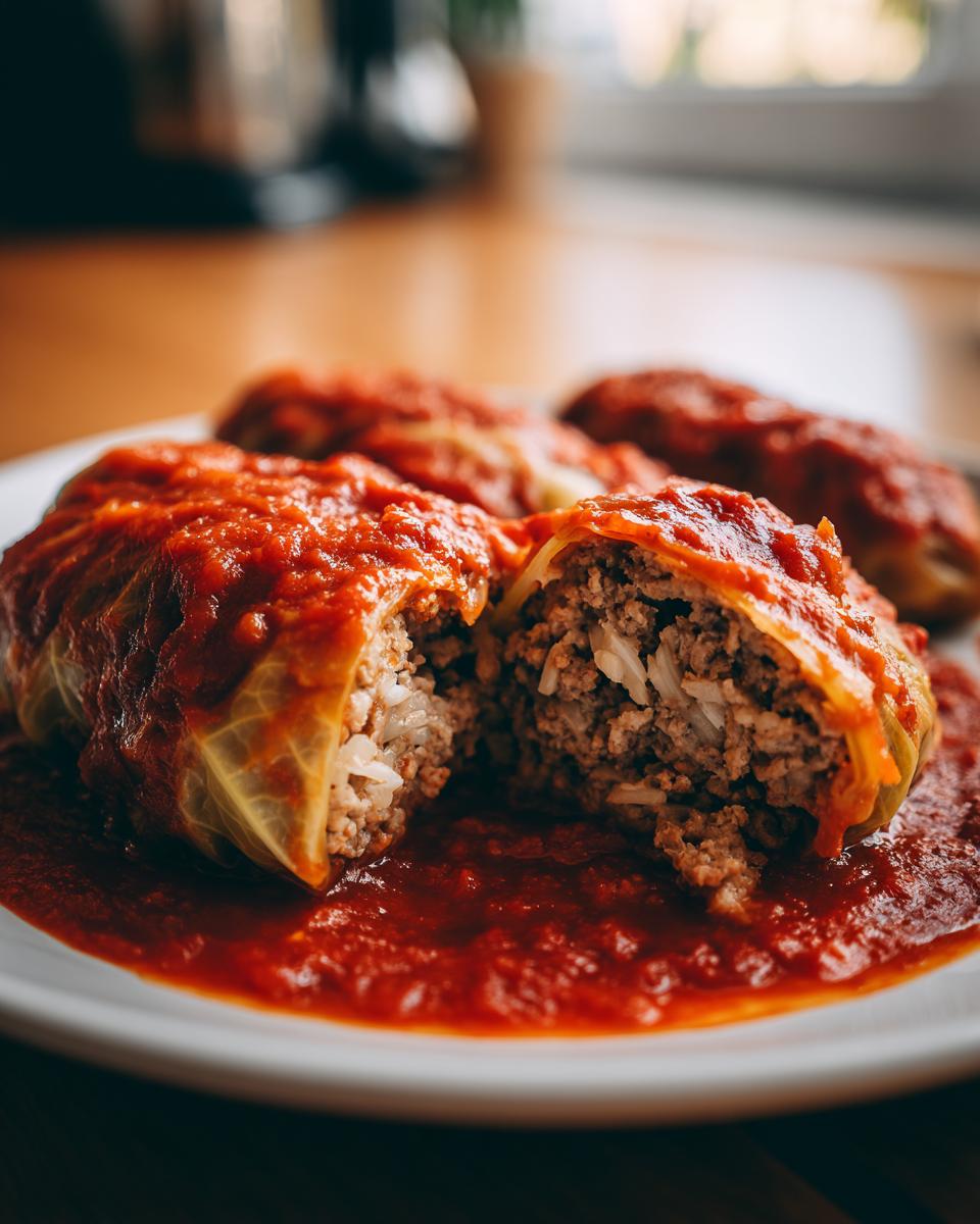 A close-up of Stuffed Cabbage Rolls cut open, revealing the ground meat and rice filling, smothered in rich tomato sauce.
