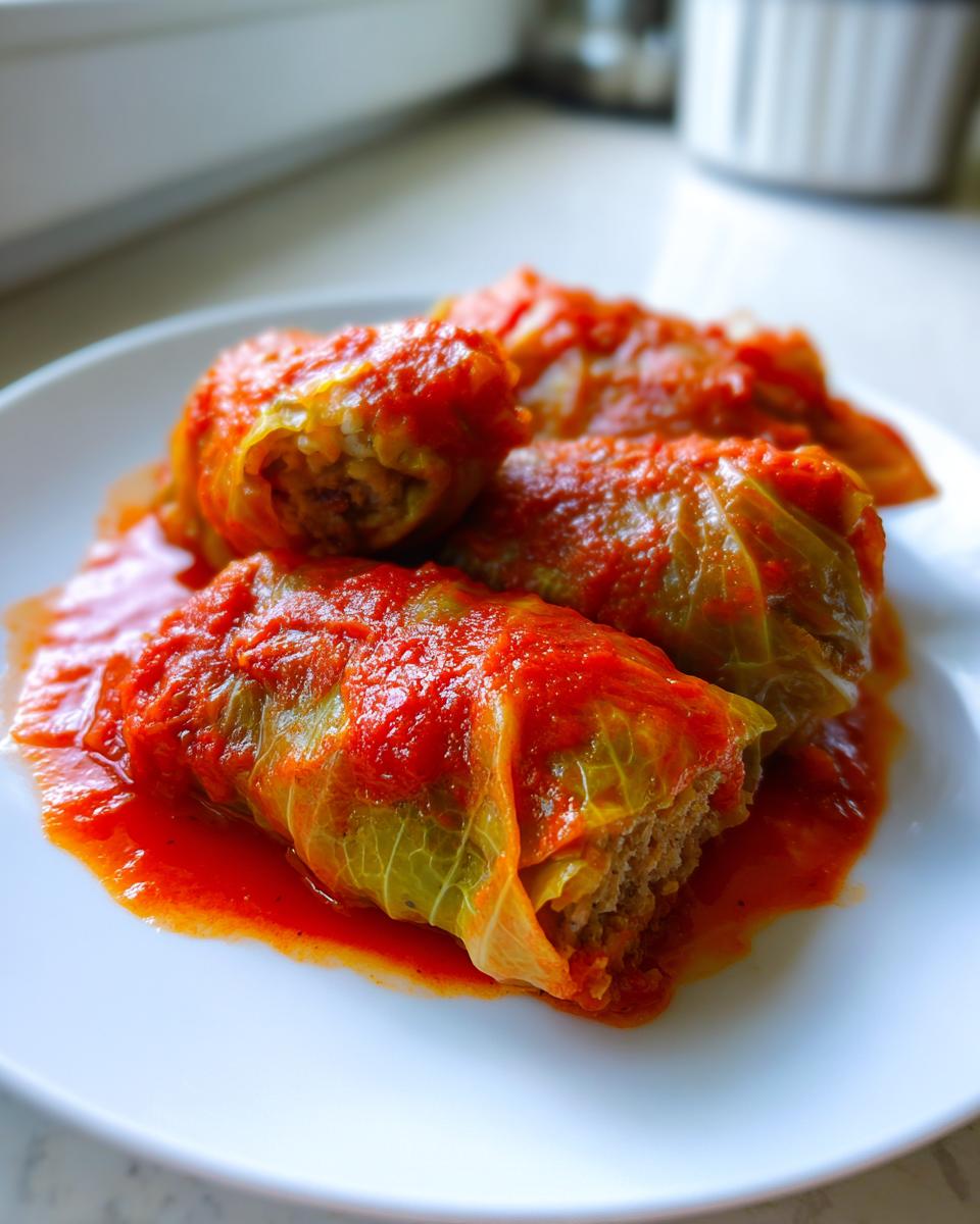 Three Stuffed Cabbage Rolls covered in rich tomato sauce served on a white plate.