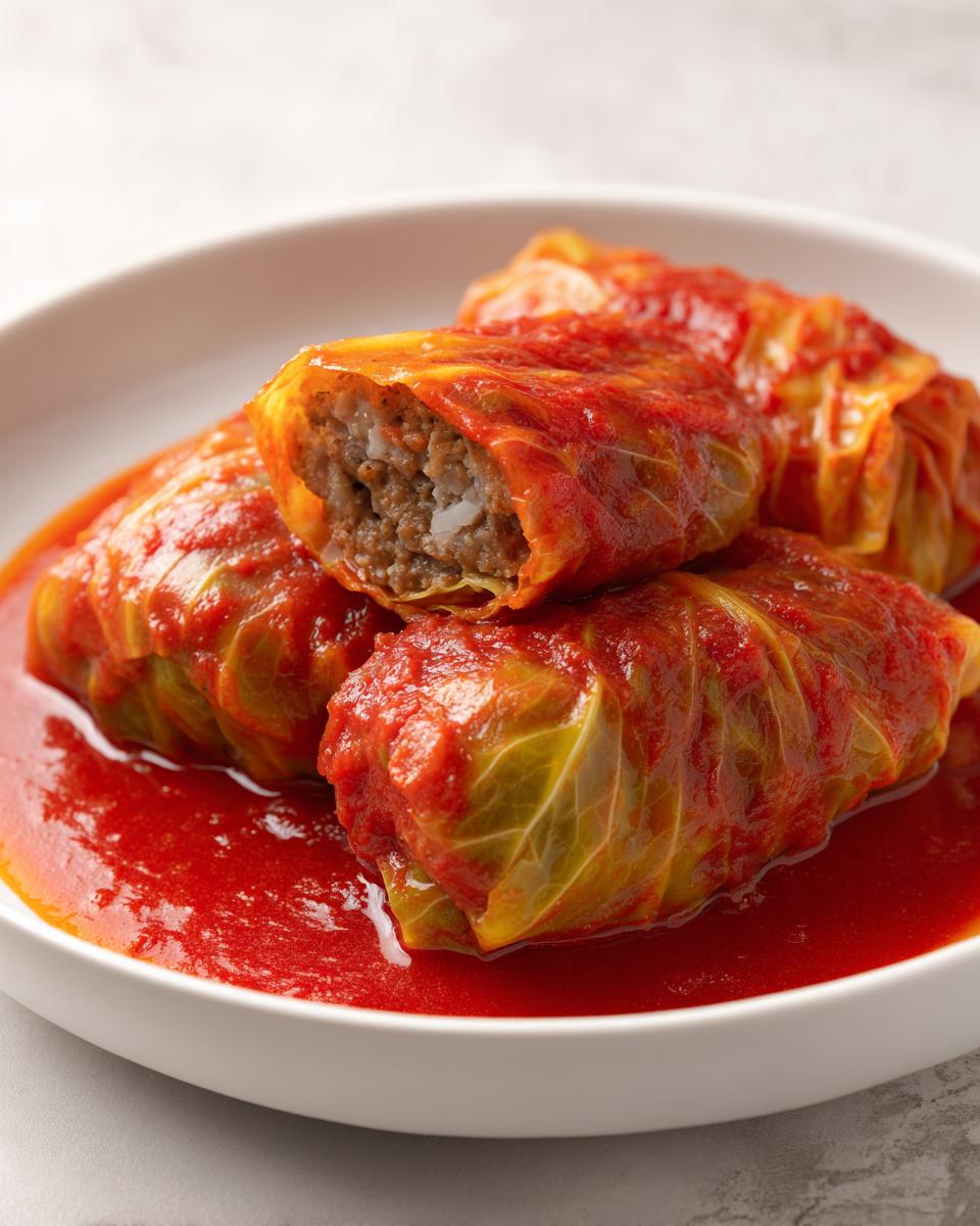 Three savory Stuffed Cabbage Rolls smothered in bright red tomato sauce, one cut open to show the meat and rice filling.