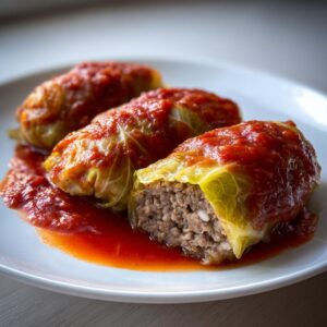 Three delicious Stuffed Cabbage Rolls covered in rich tomato sauce, one cut open showing the savory meat filling.