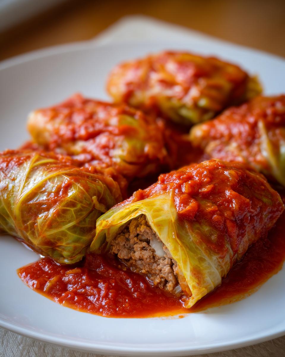 Close-up of several Stuffed Cabbage Rolls covered in rich tomato sauce on a white plate.