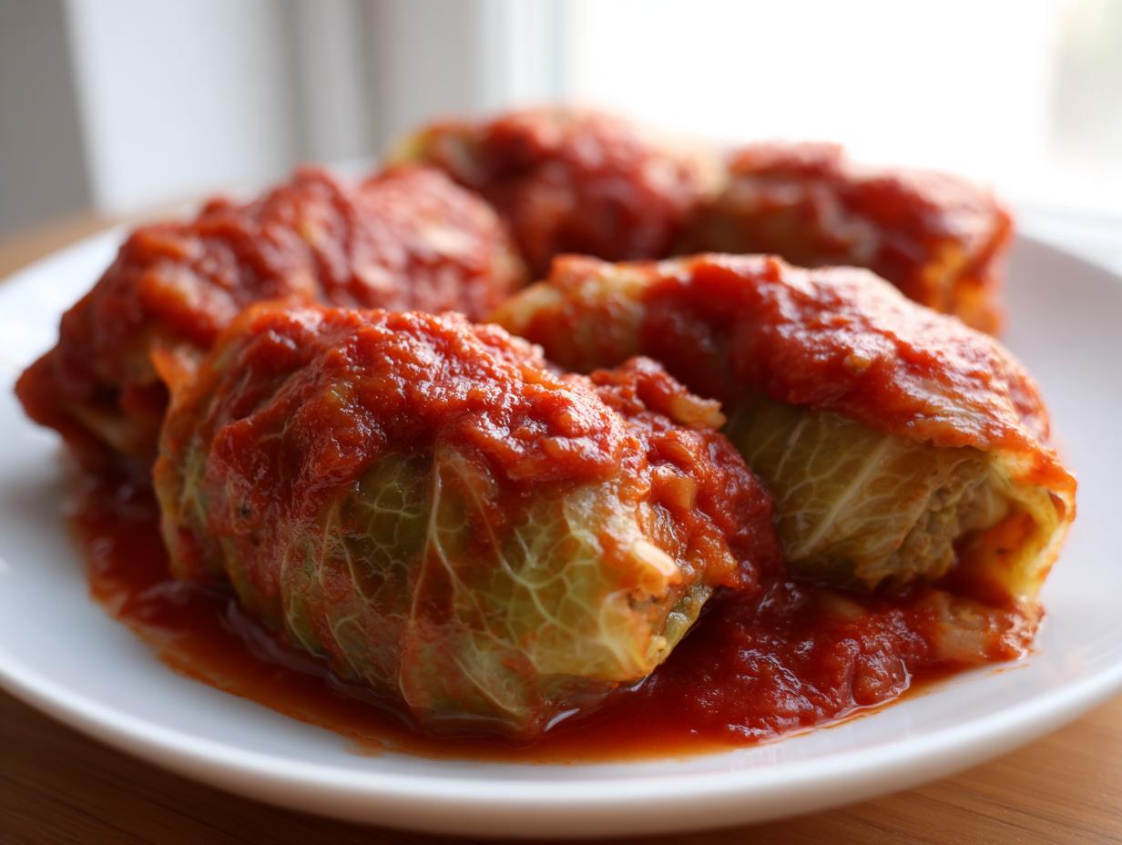 Close-up of several Stuffed Cabbage Rolls covered in rich, bright red tomato sauce on a white plate.
