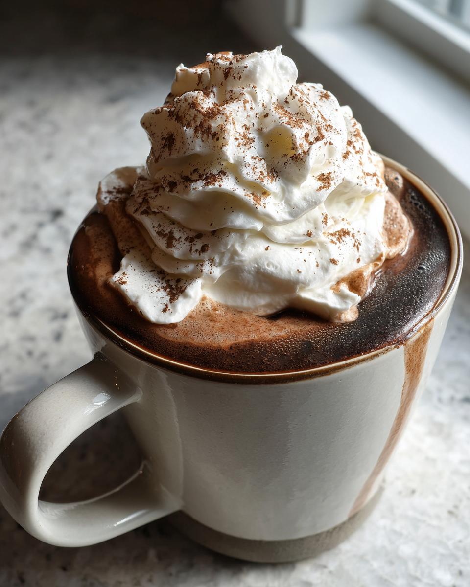Close-up of a mug filled with rich whipped hot chocolate topped with a generous swirl of whipped cream and cocoa powder.