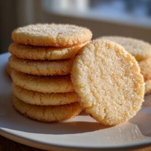 A stack of golden brown butter cookie rounds heavily coated in sparkling sugar, sitting on a white plate.