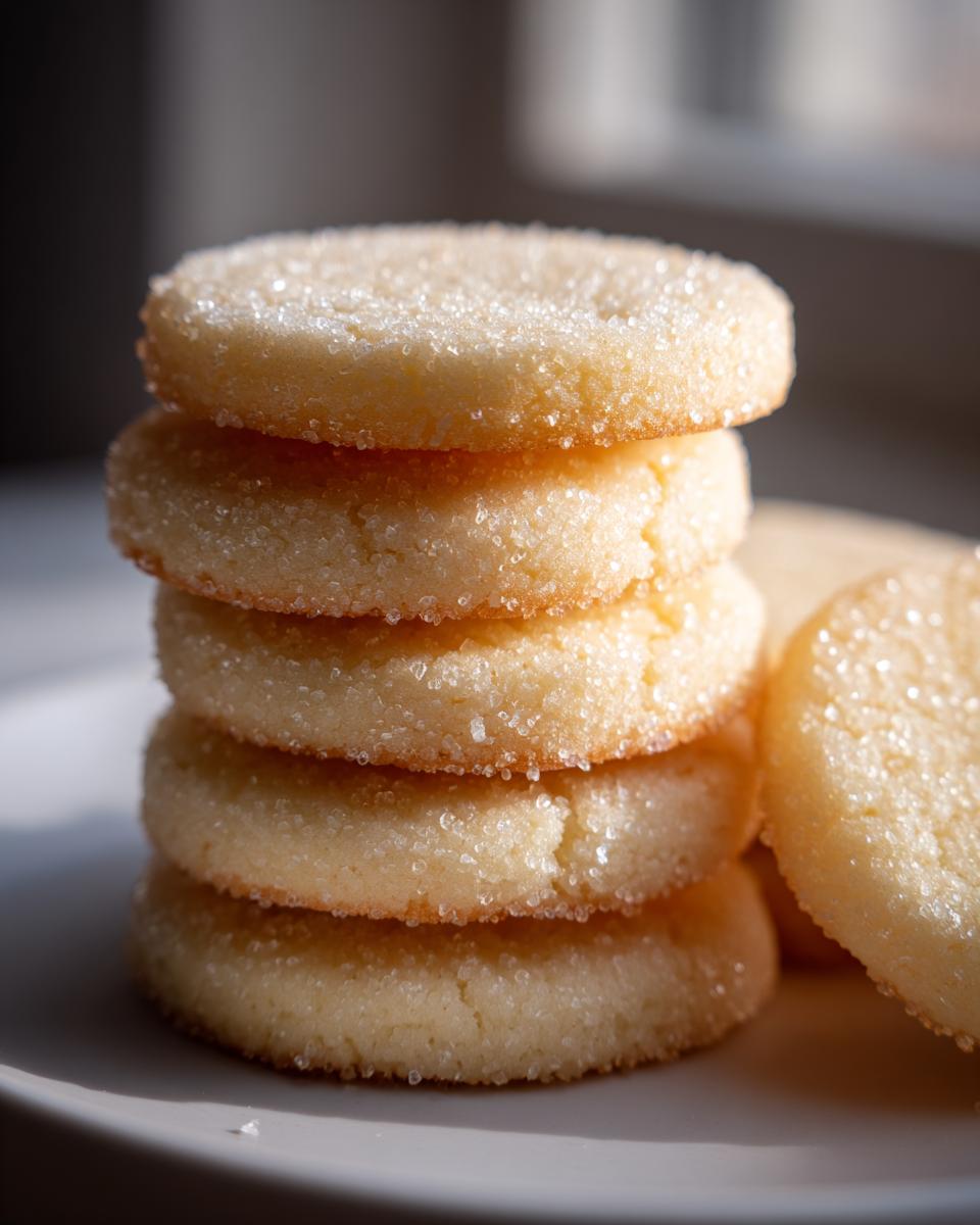 Close-up of a stack of five golden butter cookie rounds generously coated in sparkling sugar.