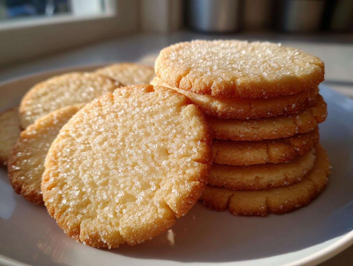 A stack and spread of golden, round butter cookie slices generously topped with sparkling sugar crystals.