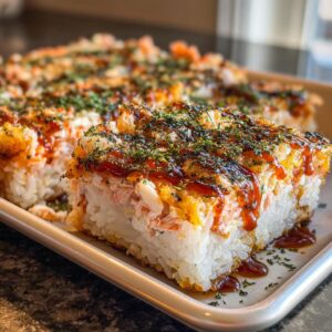 A thick, square slice of baked sushi with creamy filling, drizzled with sauce and topped with seaweed flakes.
