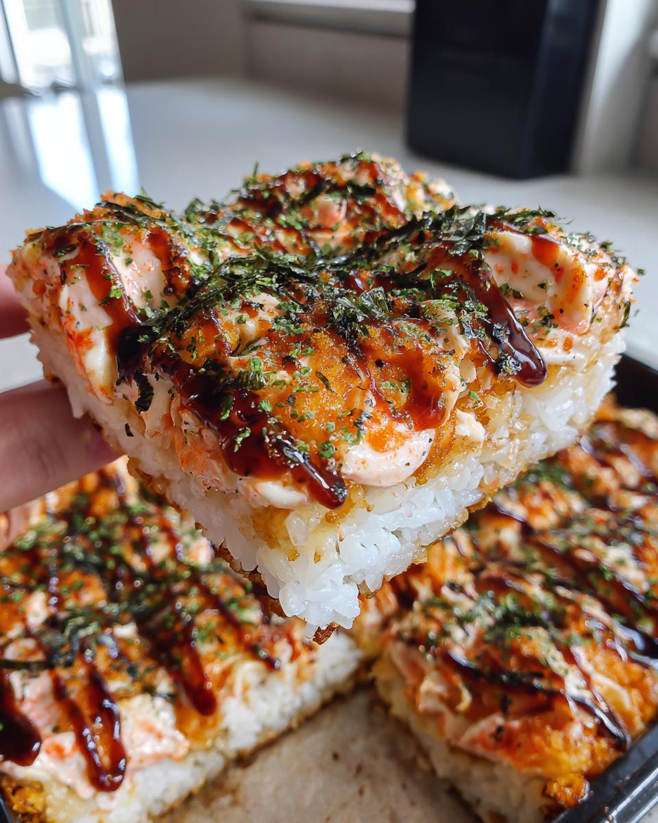 A hand holds up a square slice of baked sushi topped with creamy sauce, eel sauce, and seaweed flakes.