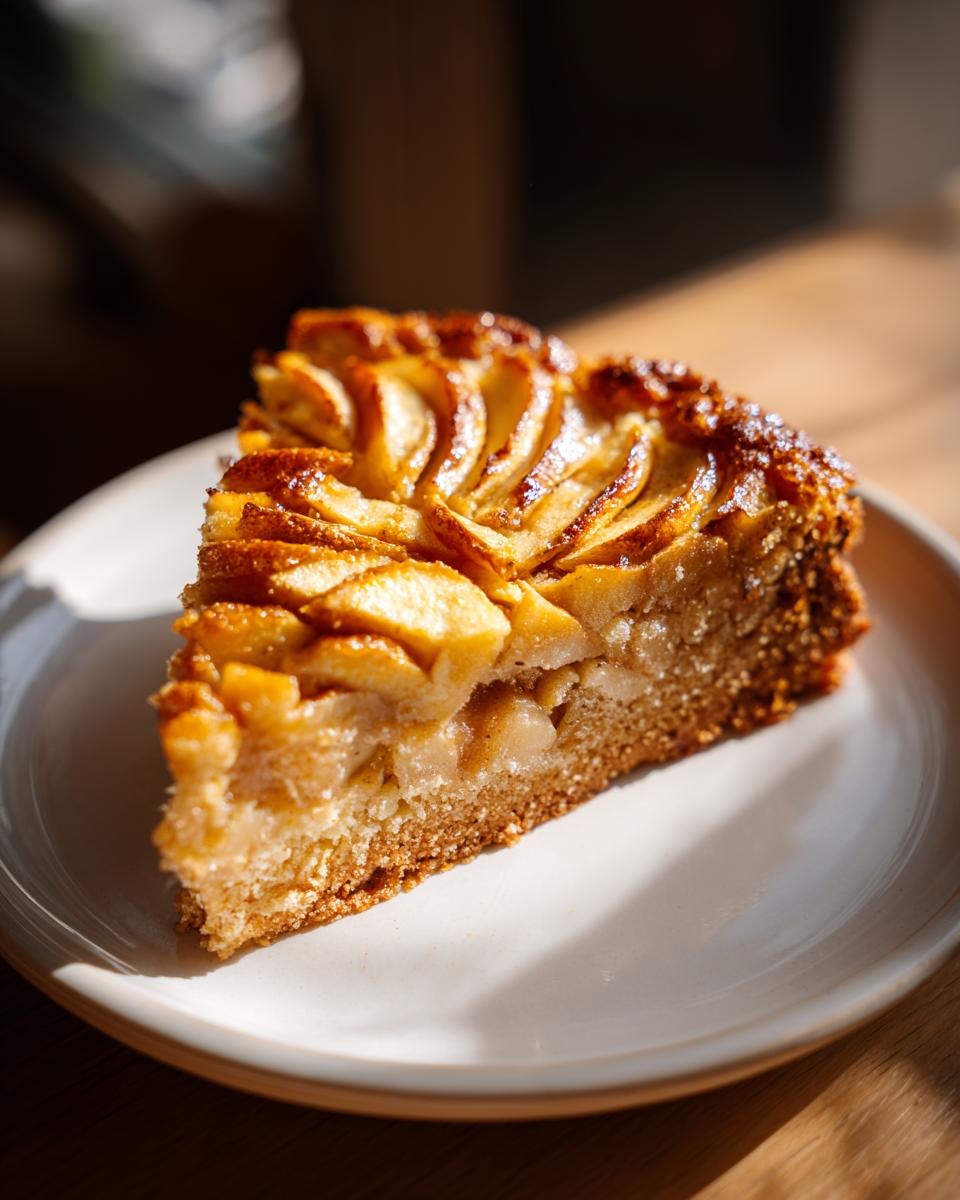 A close-up shot of one slice of amazing swedish apple cake, featuring caramelized apple slices on top.