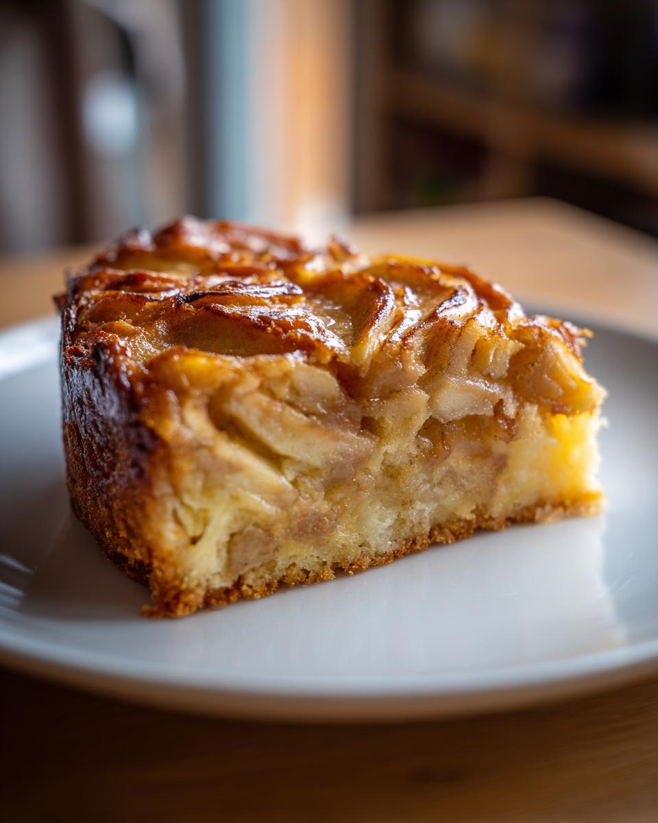 Close-up of a moist slice of amazing swedish apple cake with caramelized apple topping on a white plate.
