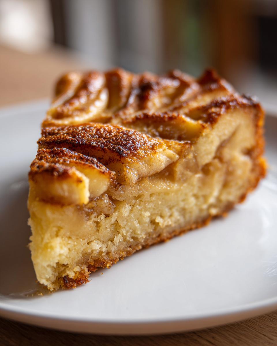 Close-up of a single slice of moist swedish apple cake on a white plate, showing baked apple layers.