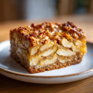 A close-up, appetizing shot of a single slice of swedish apple cake with visible layers of baked apple slices and a caramelized topping.