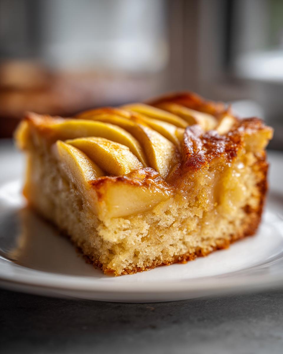 Close-up of a tender slice of swedish apple cake topped with beautifully arranged, glazed apple slices.