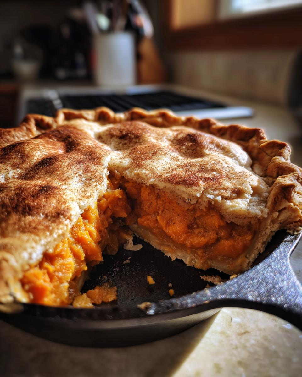 Close-up of a slice removed from a baked sweet potato cobbler in a cast iron skillet, topped with cinnamon.