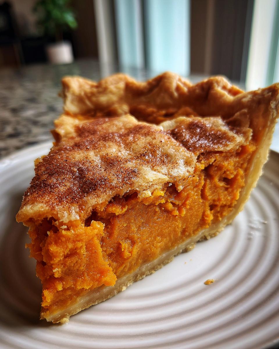 Close-up of a thick slice of sweet potato cobbler showing the rich orange filling and cinnamon-dusted crust.