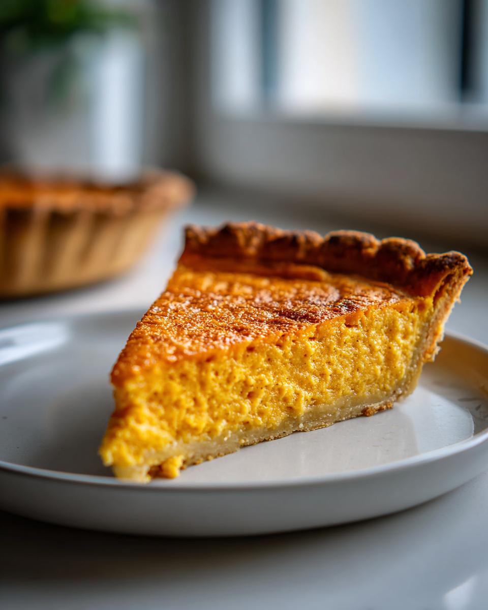 A close-up of a thick slice of vibrant orange sweet potato pie resting on a light gray plate.