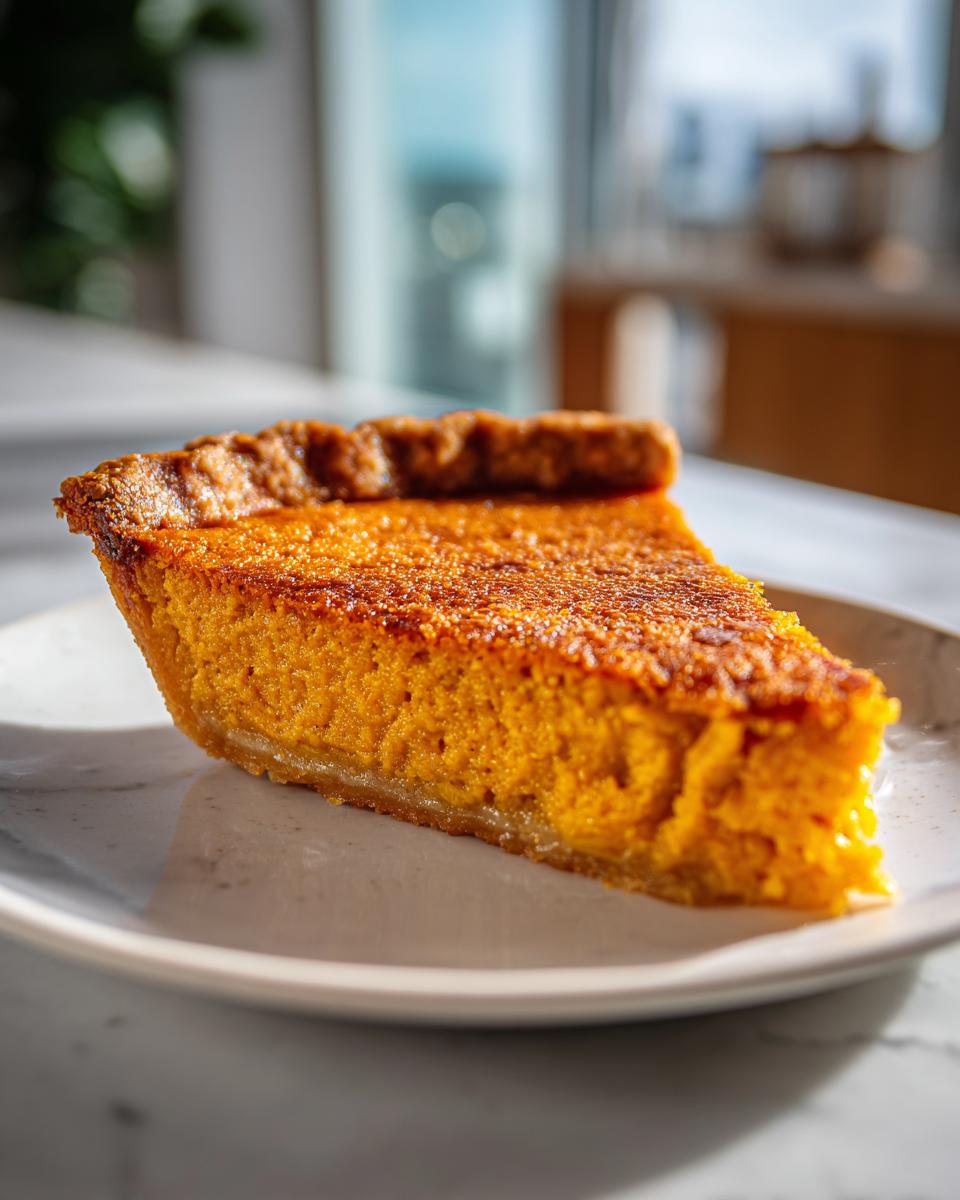 A close-up slice of rich, orange sweet potato pie with a caramelized top crust on a white plate.