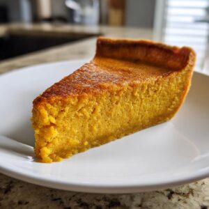 A thick, vibrant orange slice of sweet potato pie resting on a white plate.