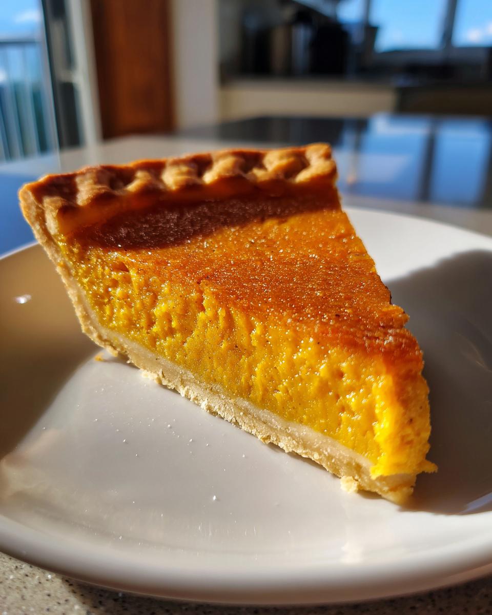 A close-up, sunlit slice of bright orange sweet potato pie resting on a white plate.