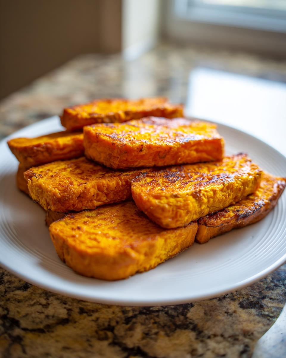 A stack of golden-brown, thick slices of sweet potato toast ready for toppings.