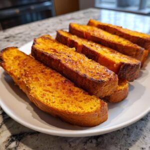 Several golden-brown, thick slices of sweet potato toast arranged on a white plate, ready for toppings.