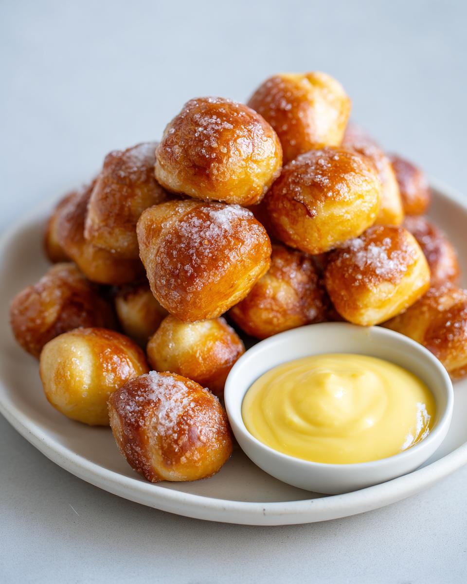 A mound of golden brown, sugar-topped pretzel bites served with a small bowl of bright yellow cheese dip.