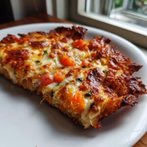 Close-up of two slices of chicken crust pizza topped with melted, browned cheese and diced orange/red vegetables.