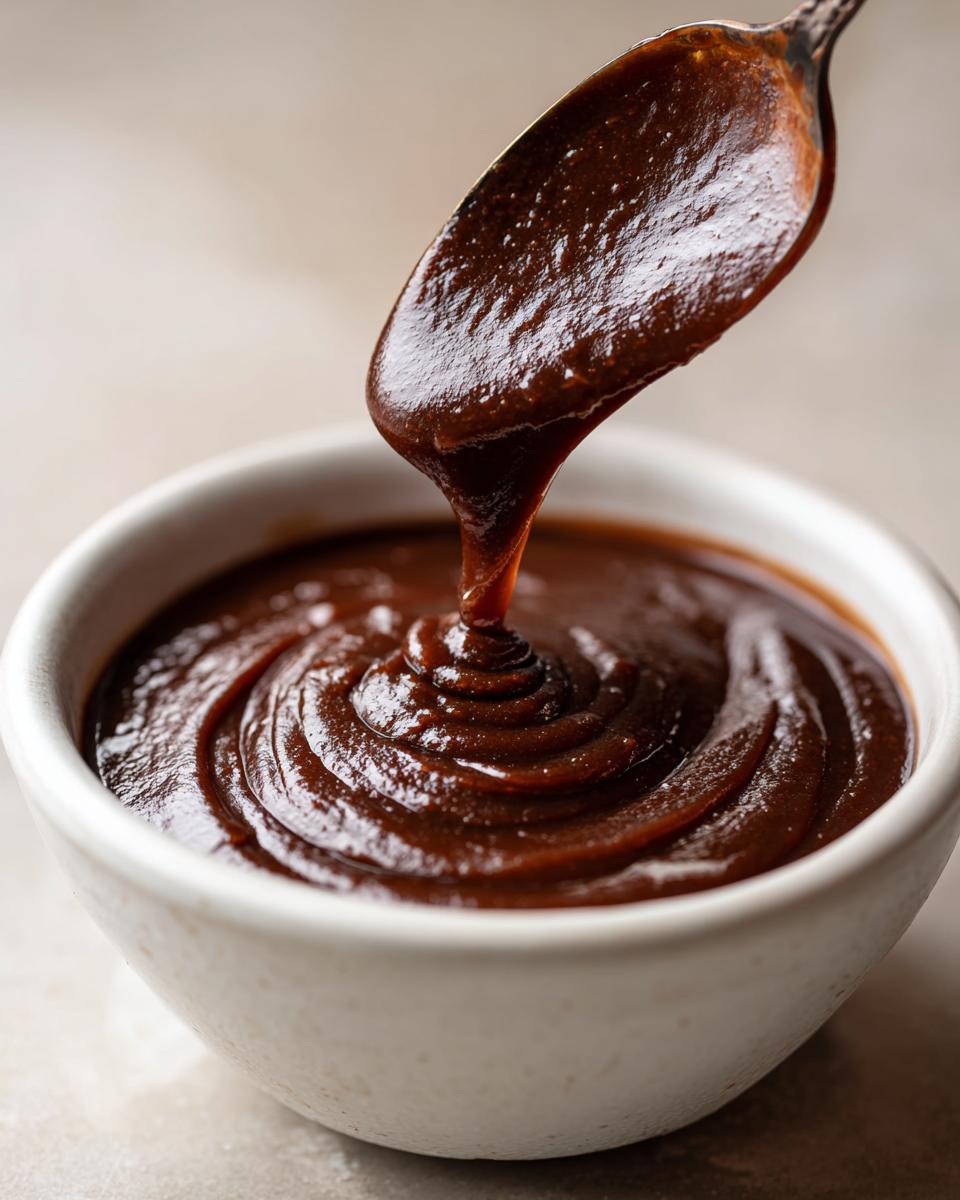 Close-up of thick, dark brown homemade apple butter being drizzled from a spoon into a white bowl.