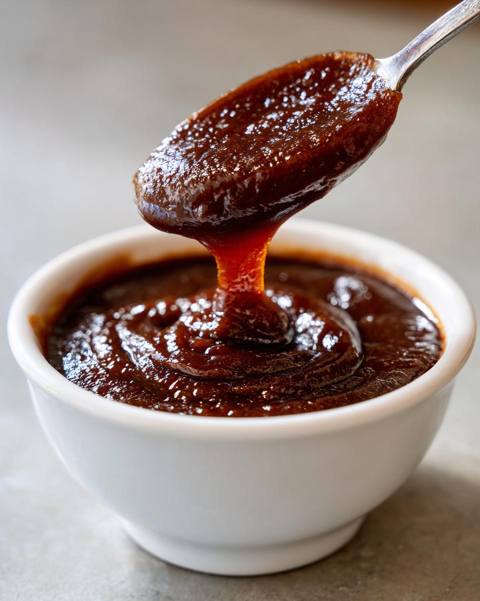 Close-up of thick, dark brown apple butter dripping from a silver spoon back into a white bowl.