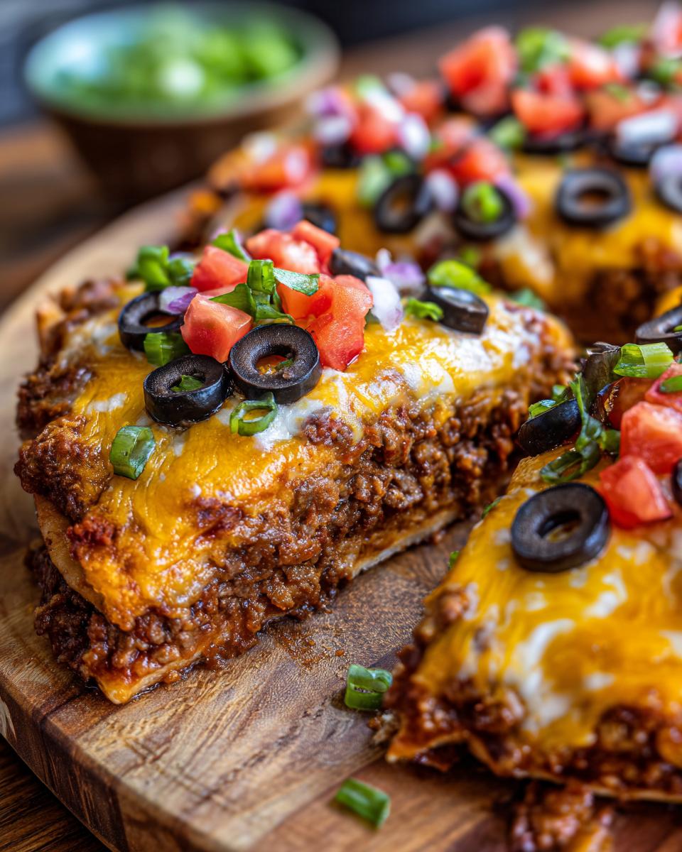 Close-up of a thick slice of mexican pizza showing layers of seasoned beef, melted cheese, olives, and tomatoes.