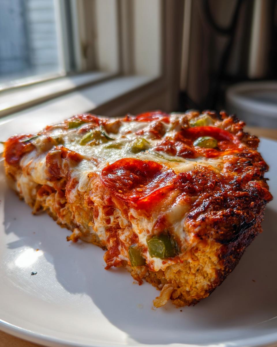 A thick, deep-dish slice of pepperoni and green pepper chicken crust pizza sitting on a white plate near a window.