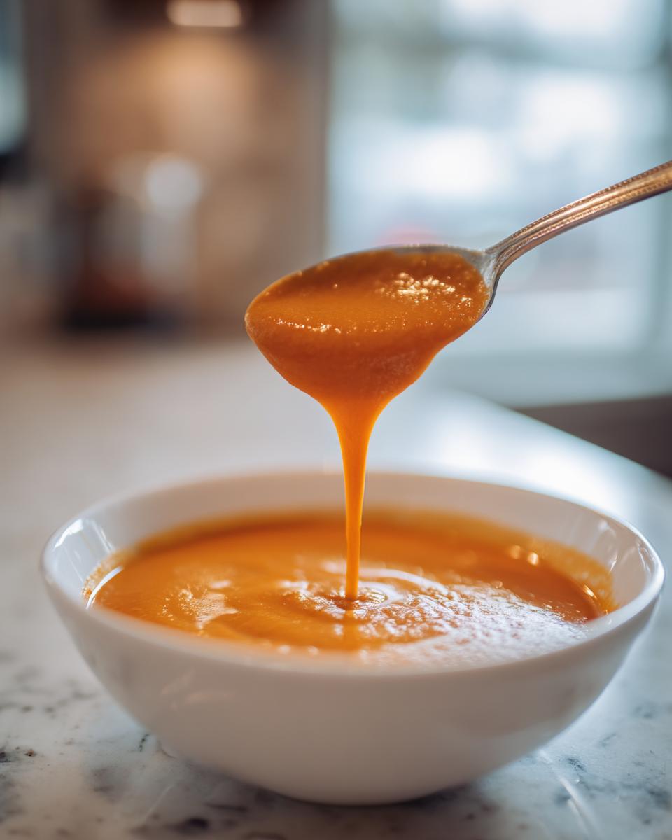 A spoonful of thick, vibrant orange tomato bisque is drizzled back into a white bowl.