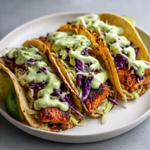 Three grilled salmon tacos loaded with slaw and drizzled generously with creamy green sauce.