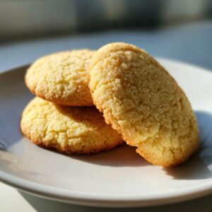 Close-up of three golden, slightly textured sugar cookies stacked on a white plate.