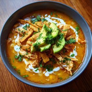 A close-up overhead shot of a rich, orange-colored tortilla soup recipe garnished with shredded chicken, crispy tortilla strips, avocado slices, and crema.