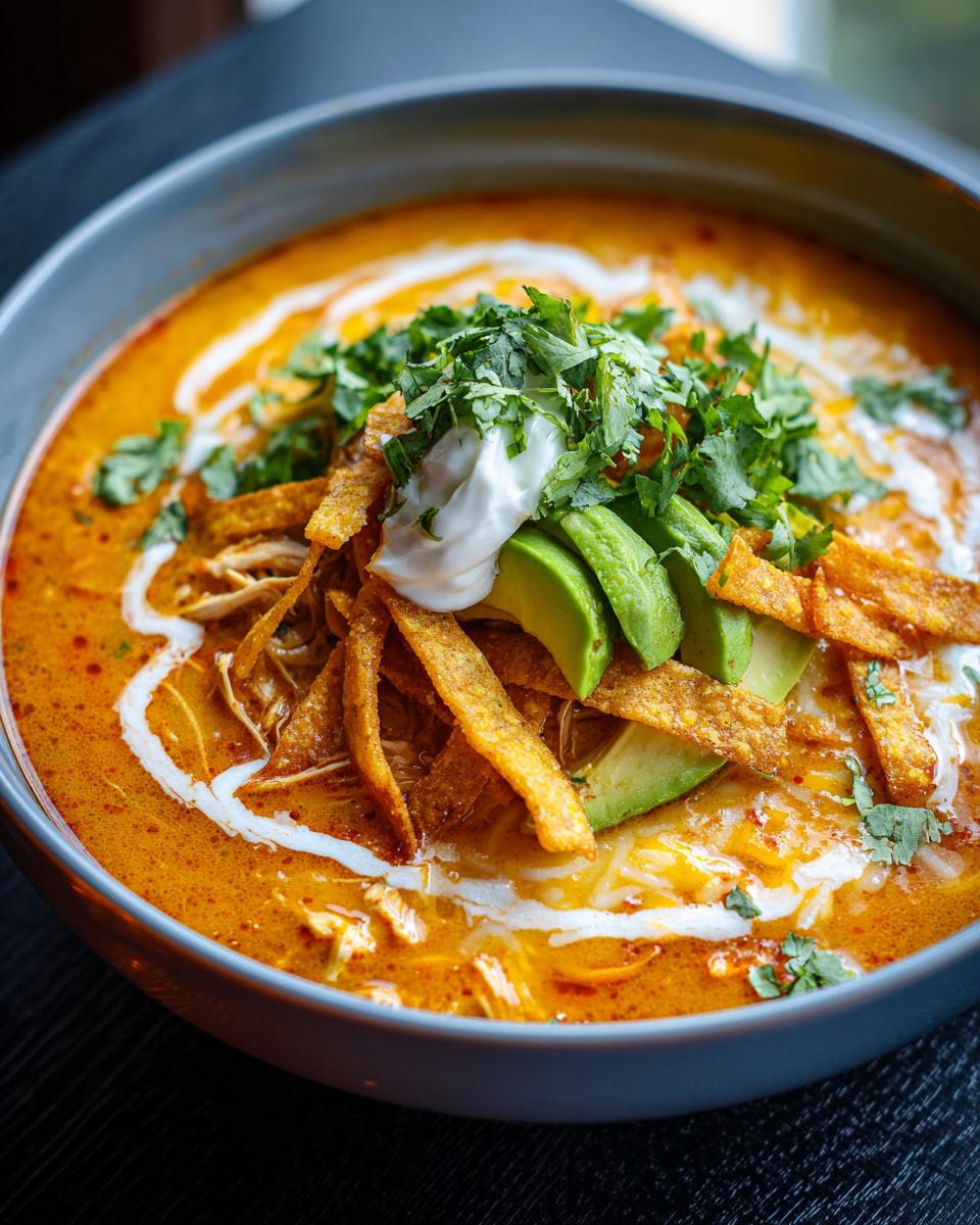 Close-up of a rich, orange tortilla soup recipe topped with avocado, sour cream, cilantro, and crispy tortilla strips.