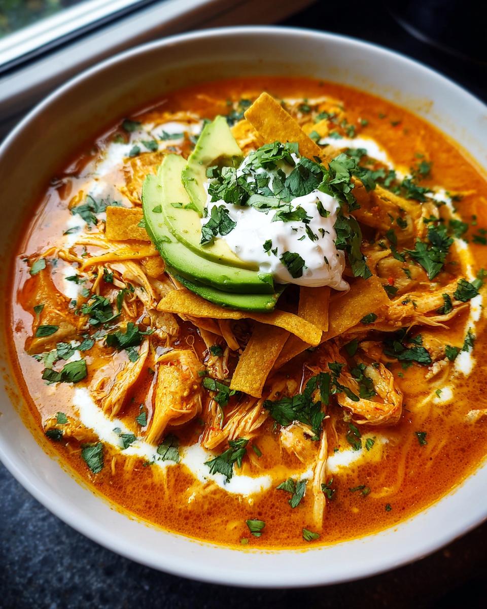 Close-up of a bowl of rich, orange tortilla soup recipe topped with shredded chicken, avocado, sour cream, and cilantro.