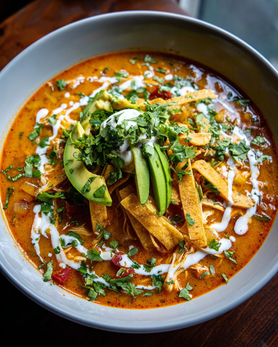 A close-up bowl of rich, orange tortilla soup recipe topped with avocado, sour cream, cilantro, and crispy tortilla strips.