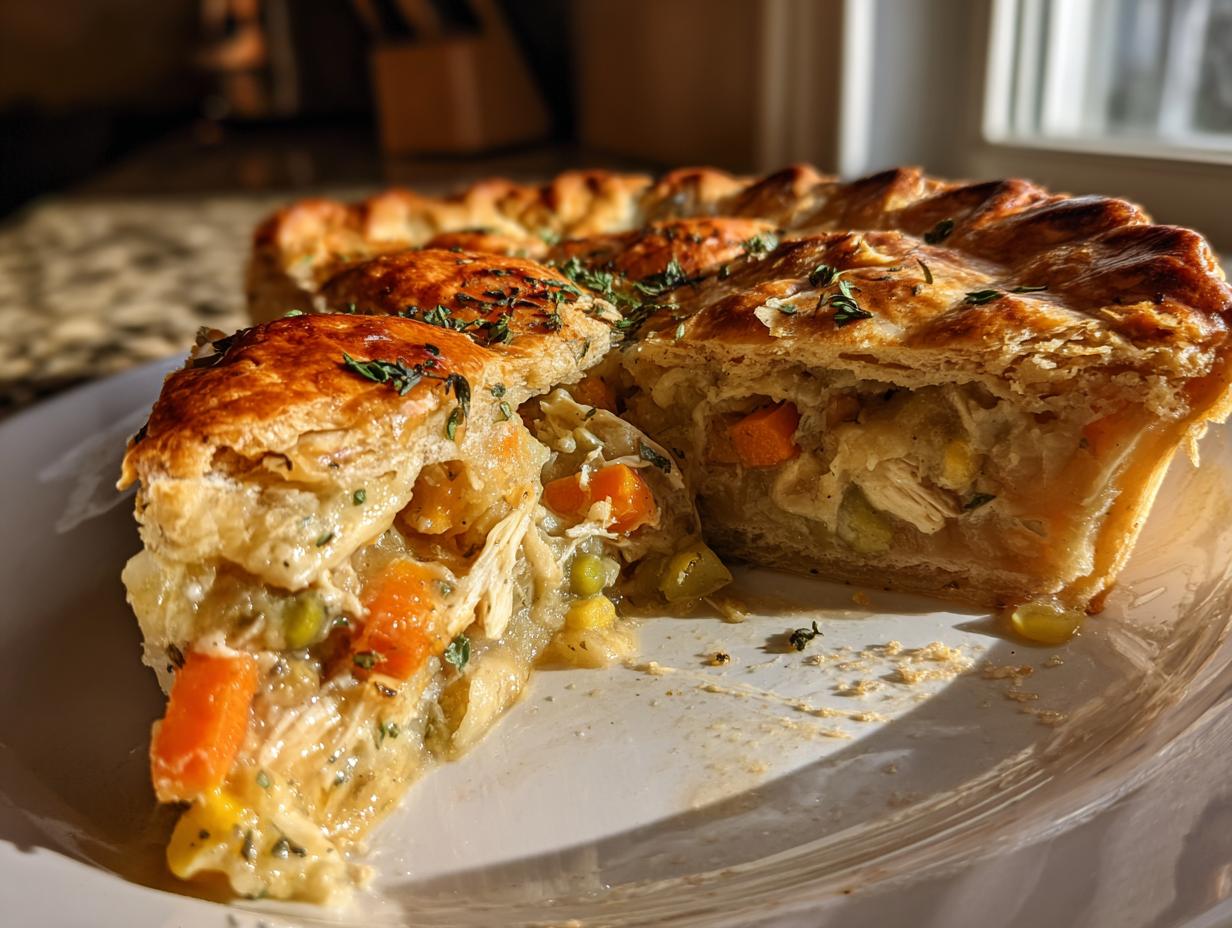 A cross-section view of a rich turkey pot pie showing flaky crust, shredded turkey, carrots, and peas in a creamy sauce.