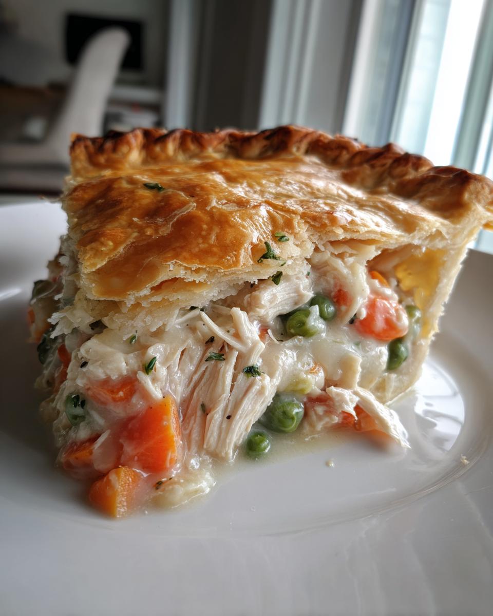 A close-up slice of turkey pot pie recipe showing flaky golden crust and creamy filling with shredded turkey, carrots, and peas.