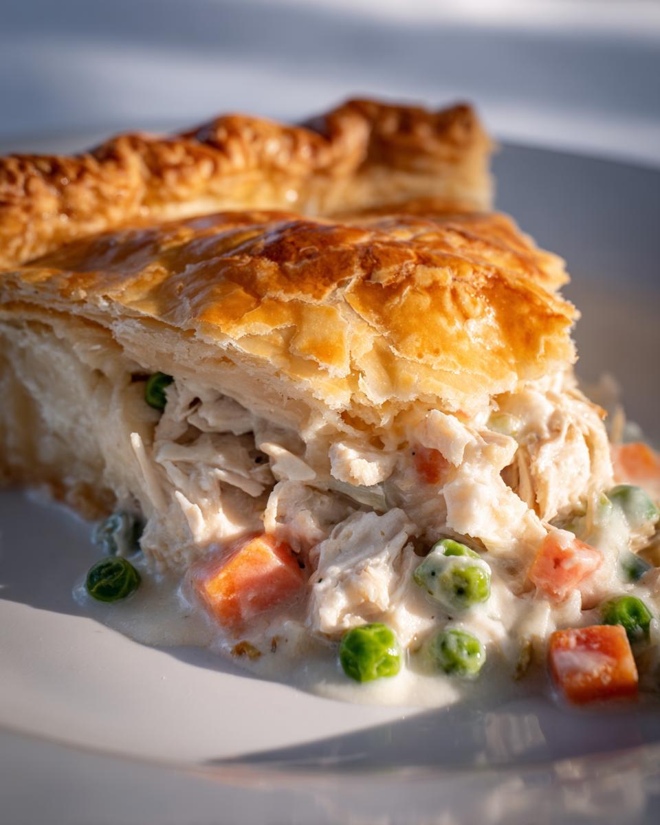 Close-up of a slice of turkey pot pie recipe showing flaky crust and creamy filling with shredded turkey, peas, and carrots.