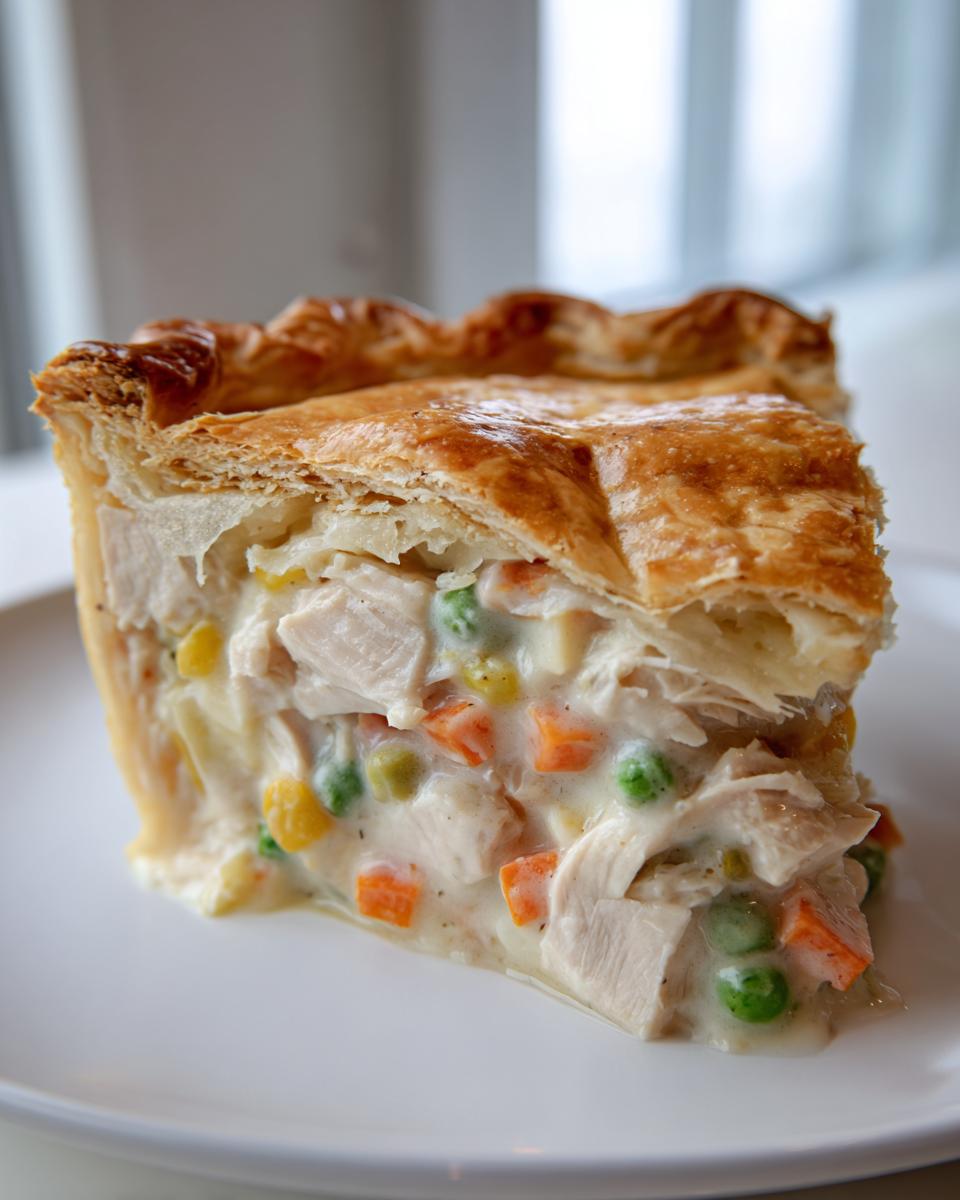 A close-up slice of turkey pot pie recipe showing flaky crust and creamy filling with turkey, peas, and carrots.