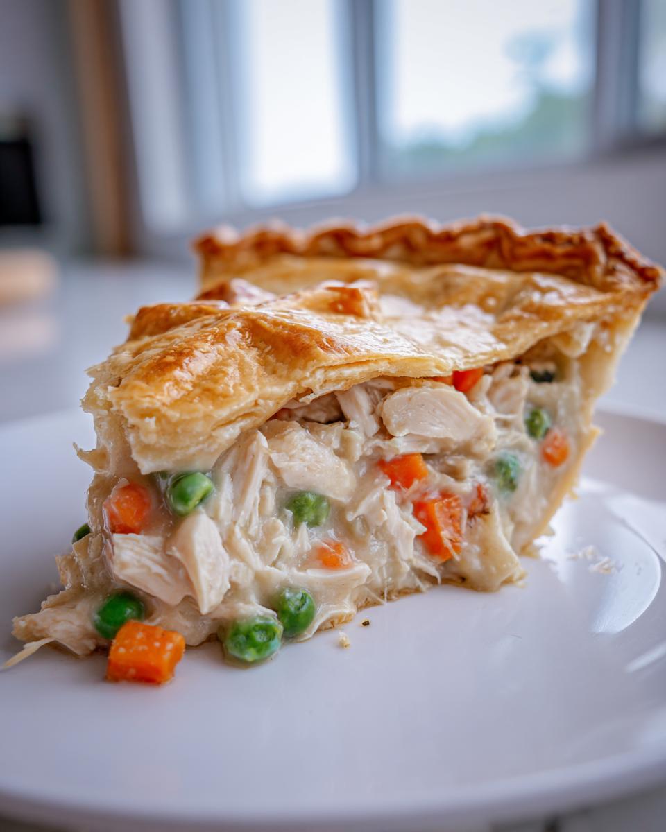 A close-up slice of a creamy turkey pot pie recipe showing shredded turkey, peas, and carrots inside a golden, flaky crust.