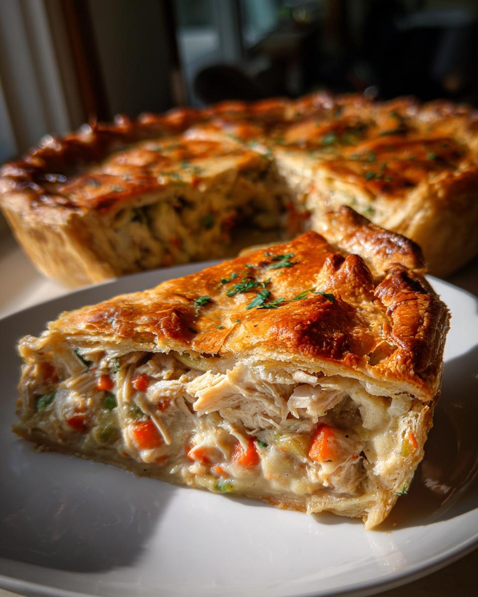 A close-up slice of turkey pot pie showing shredded turkey, carrots, and peas in a creamy sauce under a golden crust.