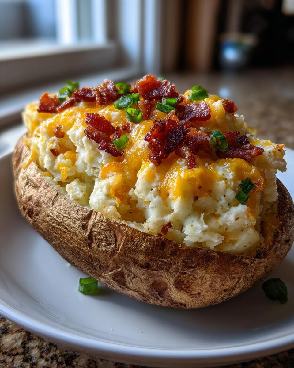 A perfectly prepared twice baked potato stuffed with creamy filling, melted cheddar cheese, bacon bits, and chives.